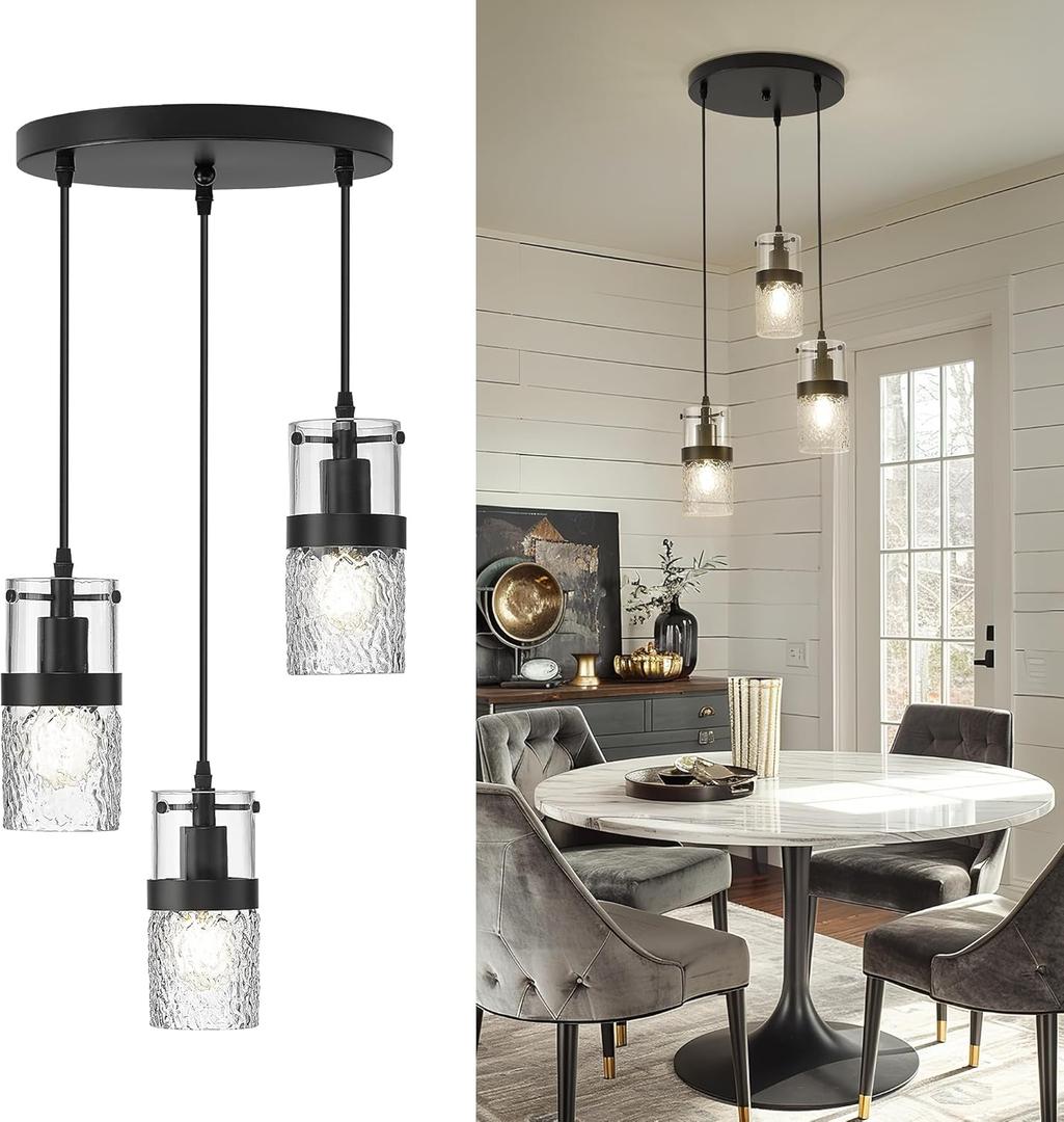 LMS Black 3-Light Pendant Fixtures, Adjustable Kitchen Hanging Light Fixture, Cluster Pendant Lights, LMS-188 (3.5" Hammered Glass, 3-Light, Black -Hammered Glass)