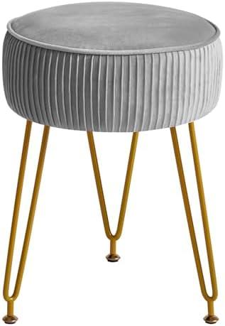 IBUYKE Velvet Round Footrest Ottoman, Makeup Vanity Stool Side Table, Dressing Table Seat, Pouf Couch Stool, Golden Steel Legs, Gray LG-30G