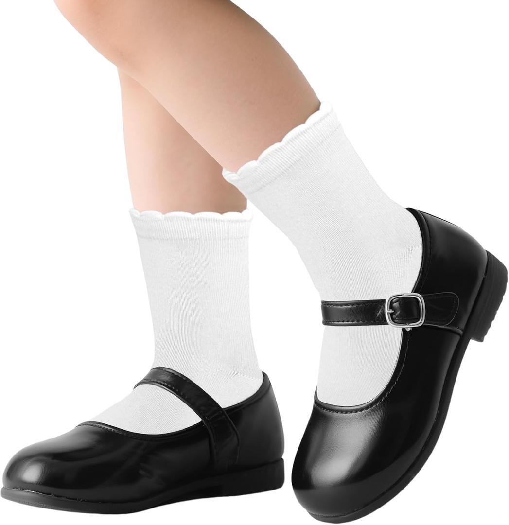 5 Pairs White Dressy Textured Short Socks Scallop Top Ankle Socks Premium Combed Cotton Cute Ruffle Stokings for Girls Casual Office Gifts Choice (White)