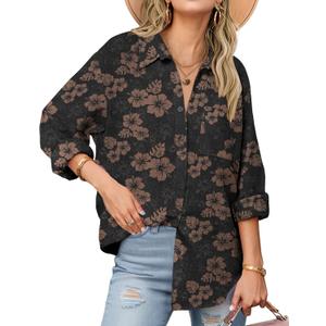 Zeagoo Womens Button Down Shirts Long Sleeve Cotton Gauze Tops Casual Collared Blouses Loose Fit (Small, Black Hawaiian)