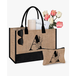 AYGE Personalized Initial Jute Tote Bag & Makeup Bag, Beach Bag, Monogrammed Birthday Gifts for Women Sister Mom Bridesmaid