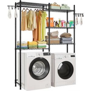 VEVOR Over the Washer and Dryer Storage Shelf, 5 Tier Laundry Room Drying Rack with Hanger Rod and Hooks, Adjustable Over Washer and Dryer Shelves, Laundry Room Shelf Storage Space Saver, Black
