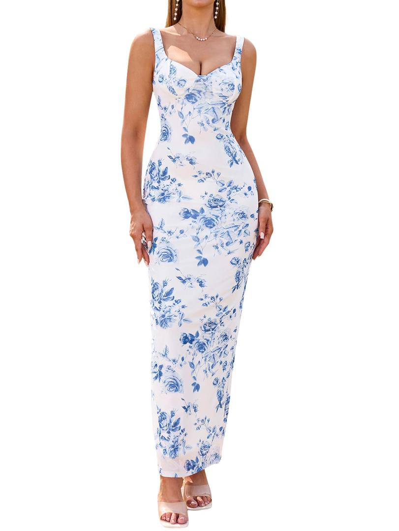 HTZMO Womens Floral Bodycon Formal Wedding Guest Maxi Dress (M)