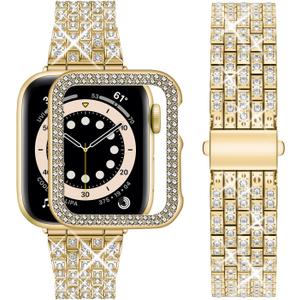 wutwuk Diamond Band with Bling Case Compatible with Apple Watch Bands for Women 40mm, Sparkly Metal Strap with Crystal Protective Bumper for iWatch SE Series 9 8 7, 41mm Gold