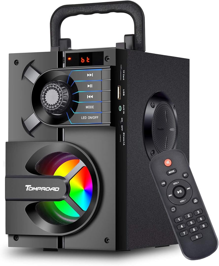 Bluetooth Speaker, Portable Bluetooth Speakers with Subwoofer Wireless Stereo Sound Rich Bass Outdoor Party Speakers Support Remote Control FM Radio LED Lights