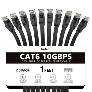 Jadaol Cat 6 Ethernet Cable 1ft 10-Pack, 10Gbps Support Cat8 Cat7 Network, Flat High Speed LAN Internet Patch Cables, Short Ethernet Cables for Router, Modem, Switch, PC, Laptop, Gaming Console, Black