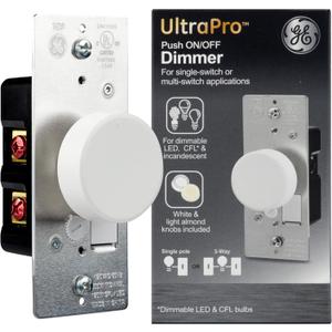 GE Single Pole Rotating Dimmer Switch, Rotate On/Off, Use with Dimmable LED, CFL, and Incandescent Bulbs, Includes Two Knob Colors, UL Listed, White/Light Almond, 18021