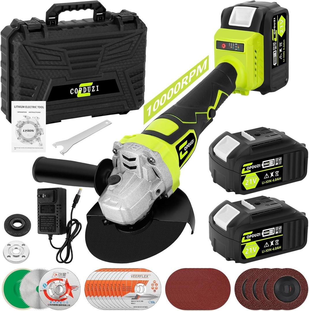 5" Cordless Angle Grinder,10000RPM Battery Powered Grinder,Metal Grinder w/ 2 * 4.0Ah Batteries and Fast Charger,Brushless Grinder w/Flap & Wool Carving & Cutting Wheel,for Flip Disk & Polishing
