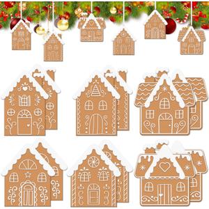 12 Pcs Christmas Gingerbread House Ornaments 3.5 Inch Clay Christmas Tree Cookie Decorations for Xmas Hanging Tree Decoration with Strings Home Decor Ornaments House Shaped