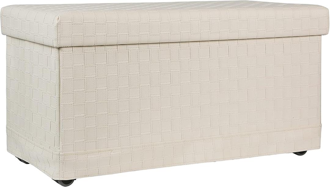 Rolling Storage Ottoman Bench with Wheels, 30 Inch Faux Leather Storage Seat, Hidden Storage Chest for Living Room, Bedroom, Small Spaces, Color Ivory