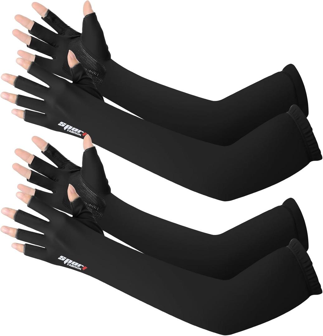 Pair of 2 UV Protection Gloves for Men Women Anti-Slip Fingerless Arm Sleeves Fishing Driving Cycling Sports Cooling Long Sleeves (Black)