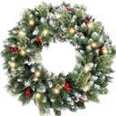 24 Inch Christmas Wreaths for Front Door with Lights,Lighted Artificial Flowering Pine Door Wreath,Prelit Faux Green Winter Wreath with Pine Cones and Red Berry for Indoor Outdoor Decor