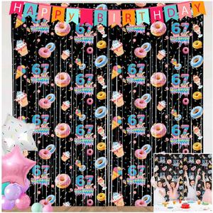 Funny 6 7 Meme Birthday Party Supplies 2 Pack Donut Theme Decorations 3.3x6.6ft Tinsel Foil Fringe Curtains Black Backdrop Streamers Ice Cream Six Seven Photo Decor for Kids