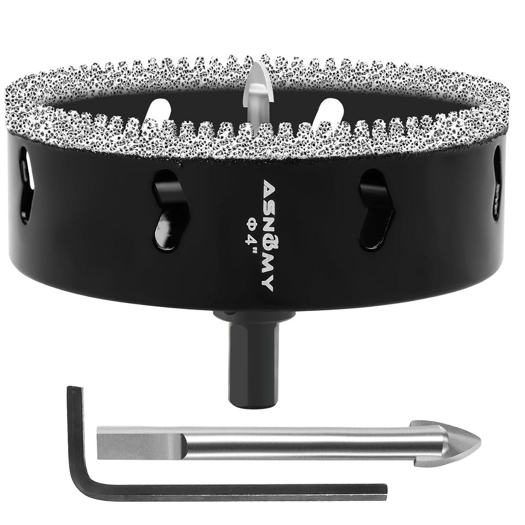 4 Inch Diamond Hole Saw with Pilot Drill Bit, 4" Serrated Brazing Tile Hole Saw Diamond Core Drill Bits with Guiding Bit for Ceramic Porcelain Tile Glass Stone Granite Marble