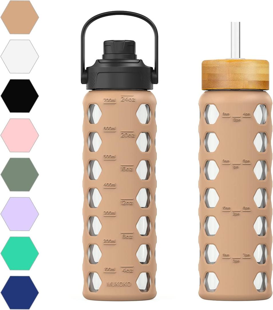 MUKOKO 24oz Glass Water Bottle with 2 Lids-Handle Flip Lid & Bamboo Straw Lid, Motivational Water Tumbler with Time Marker Reminder and Silicone Sleeve, Leakproof-Amber