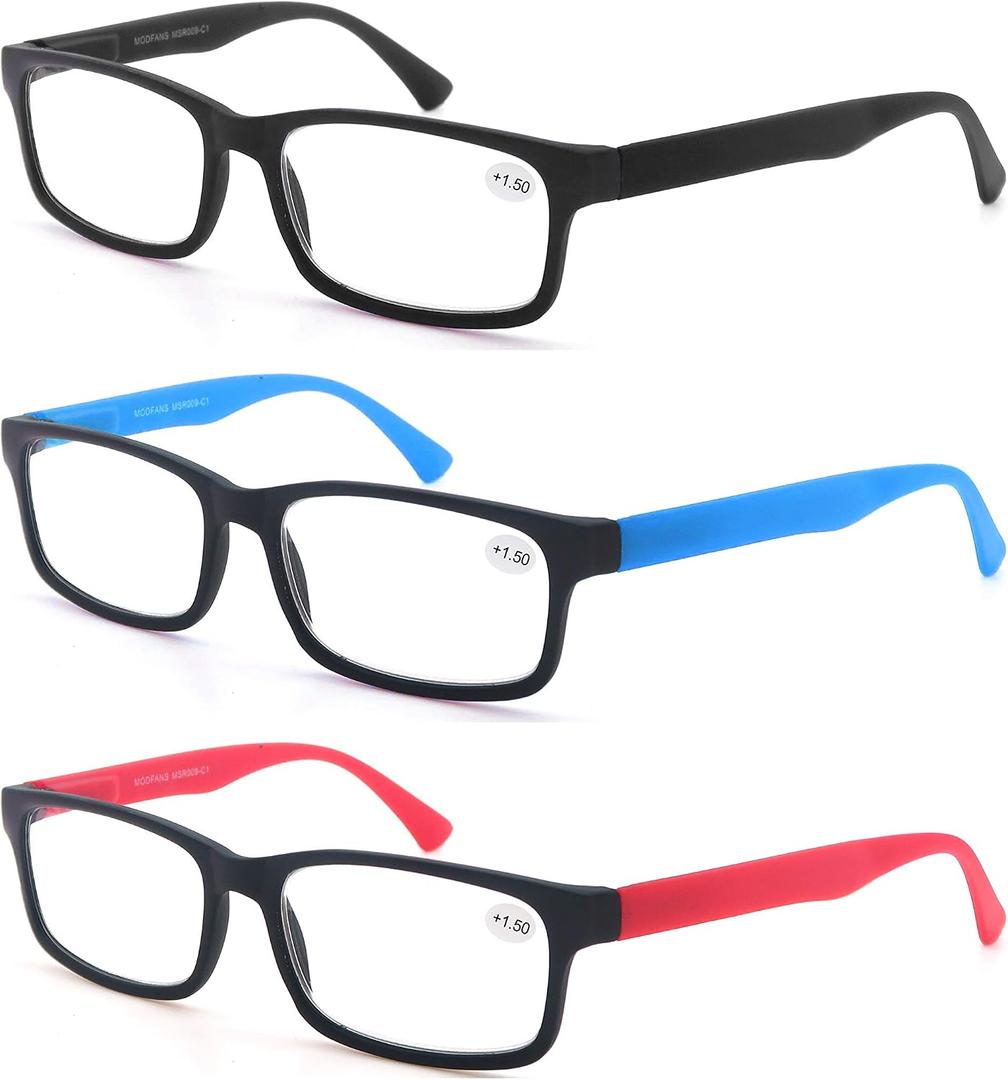 MODFANS Reading Glasses Men Women 2.0 Strength Readers Eyeglasses Square Matte Comfort Feel Spring Hinge 3 Pack Mix Color Black Red Blue