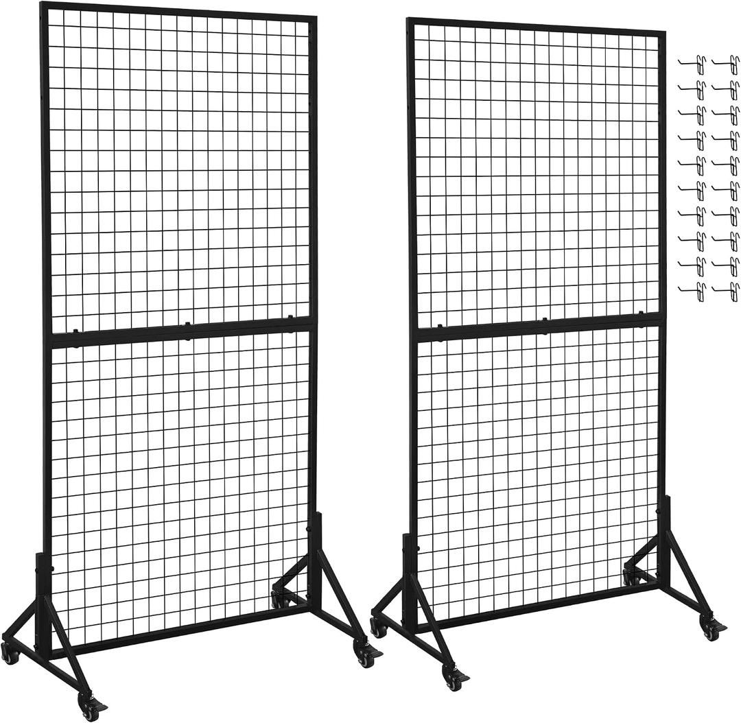 2 Packs 3' x 6' Grid Wall Panels Display Stand with Wheels, Heavy Duty Wire Grid Wall Rack for Retail, Craft Fairs & Art Shows, Mobile Floor Standing Fixture with 20 Hooks, Black