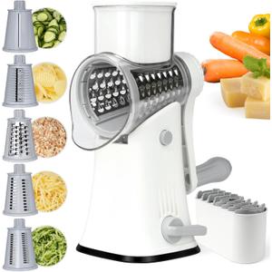 Rotary Cheese Grater with Handle, Kitchen Mandoline Vegetable Slicer with 3 Interchangeable Blades & Strong Suction Base, Easy to Clean Grater for Vegetables, Fruit, Nuts