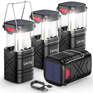LETMY 4 Pack Camping Lantern, Rechargeable LED Lanterns, Solar Lantern Battery Powered Hurricane Lanterns Flashlight with 3 Powered Ways & USB Cable for Emergency, Power Outage, Hurricane Supplies