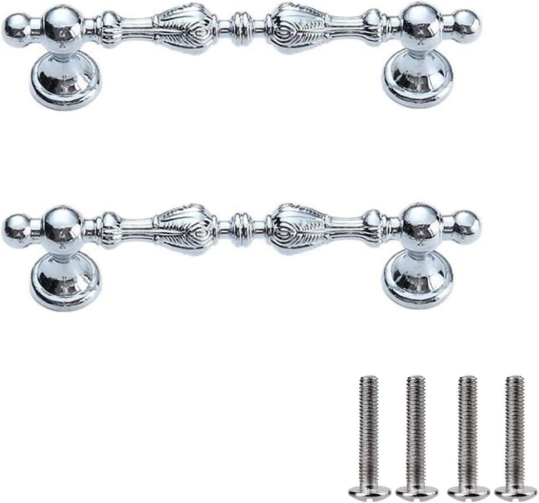 2 Pack Zinc Alloy Vintage Drawer Pulls with Screws - Ornate Drawer Handles for Kitchen Cabinets, Dresser Drawers, Furniture Hardware (Brushed Silver, 5.04 inch Hole spacing)