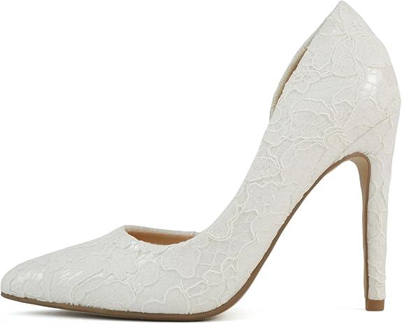 Delicious Beyond ~ Women Pointed Toe High Heel Bridal Dress Pumps (A-White Lace, 7)