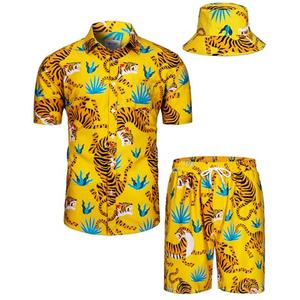TUNEVUSE Mens Hawaiian Shirts and Shorts Set 2 Pieces Beach Outfits Tiger Print Summer Tropical Suit with Bucket Hats Yellow, XX-Large