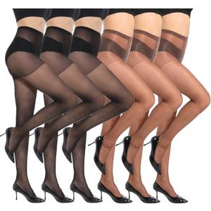 MANZI 6 Pairs 20D Women's Sheer Tights Ultra Thin High Waist Pantyhose Thigh Stockings, Coffee, Black, M