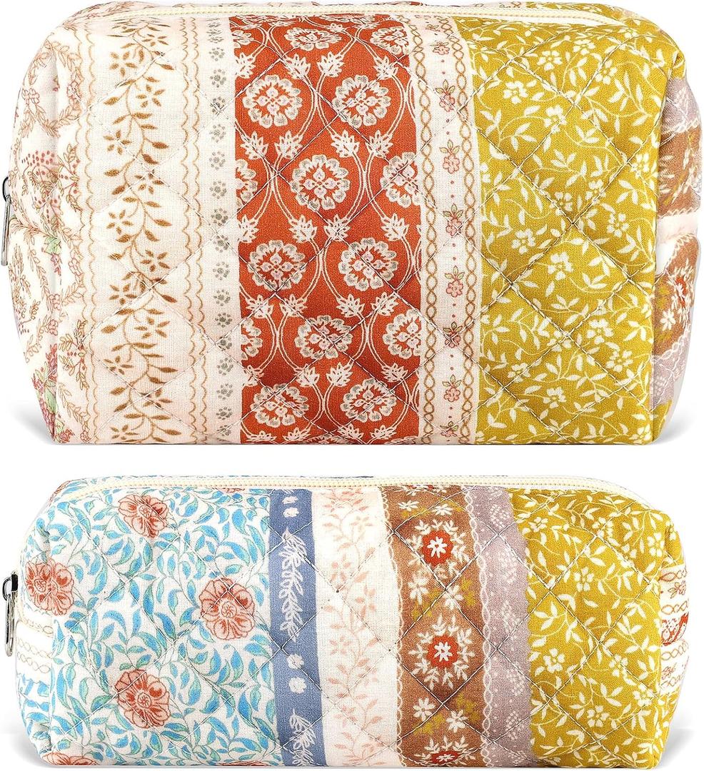 URSKYTOUS 2Pcs Floral Makeup Bag for Women Cotton Quilted Coquette Cosmetic Bag Cute Zipper Mixed Flower Makeup Pouch Aesthetic Portable Pencil Pouch Travel Toiletry Bag Trendy Cloth Skincare Bag