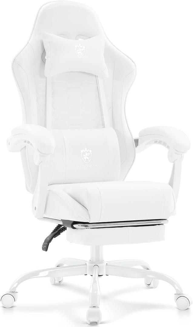 White Gaming Chair,Computer Office Chair with Footrest,Massage Lumbar Support and Gel Pad,Ergonomic Reclining Adjustable Leather Gamer Chair with Headrest and Spring Cushion White, 27.5 inches x 27.5 inches x 47 inches