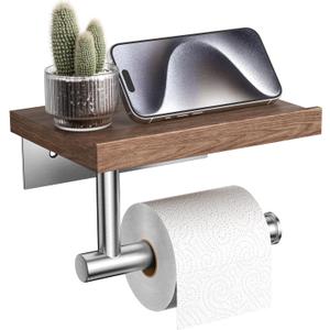Tindbea Toilet Paper Holder with Wood Shelf, Wooden Wall Mount Tissue Paper Roll Holder, Brushed Nickel Stainless Steel Bathroom Accessories Decor Household Home Apartment Restroom Essentials (Walnut)