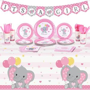 171 Pcs Elephant Theme Baby Shower Decorations for Girls It's a Girl Banners Pink Plate Napkins Cups Disposable Forks Tableware Tablecloth Set Elephant Decorations for Girl Birthday Party, Serves 24
