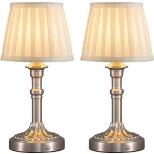 KDG Cordless Portables Table Lamp Set of 2, LED Fabric Shade Small Desk Lamps, 5000mAh Battery Powered Lighting, 2700K Stepless Dimmable Light for Living Room, Dining Room, Bedroom, Bedside (Nickel)