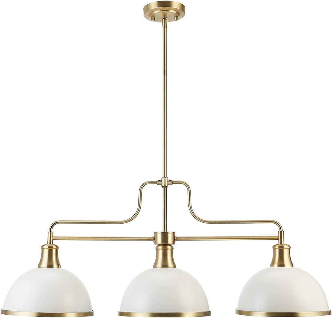 GLOBE Electric 60885 3-Light Linear Chandelier, Matte White, Brass Accents, Adjustable Hanging Height, Sloped or Vaulted Ceiling, Modern Dimmable Lighting for Kitchen Island or Dining Room