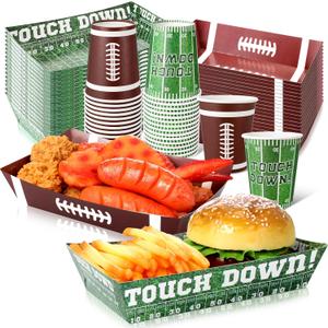 LemonRoad 100 Pcs Football Party Supplies Kit Include Disposable Football Paper Food Trays Serving Boats and Paper Cups for Tailgate Events Sport Theme Birthday Decorations