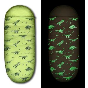 Kids Glow-in-the-Dark Dinosaur Sleeping Bag for Boys Camping Hiking - Machine Washable, Durable, Waterproof, Lightweight - Slumber Bag & Backpack 2 Pc Gift Set - Age 3-10 | 58" L X 27" W