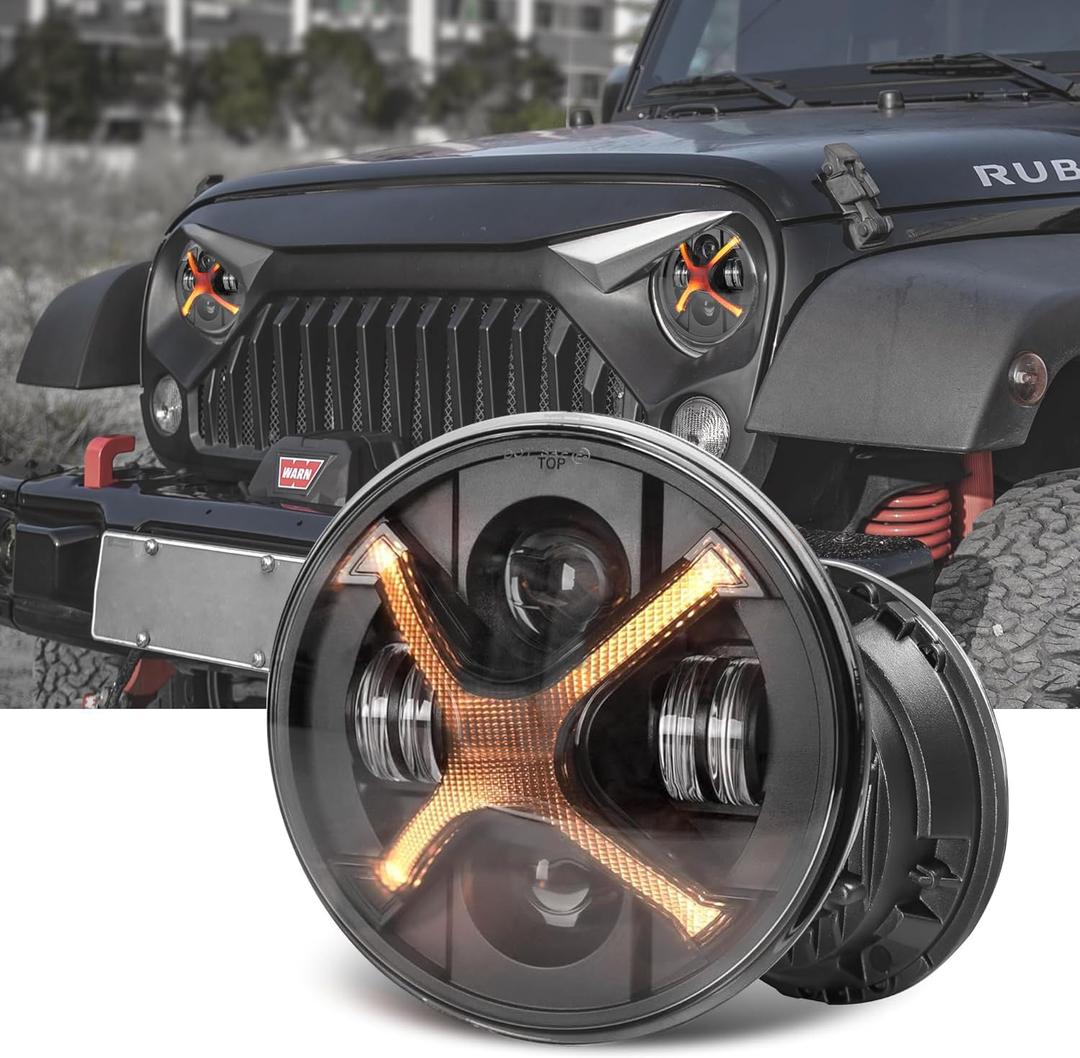 X-Style 7 Inch LED Headlights with Hi/Lo Beam, DRL and Amber Turn Signal 2PCS Bright Round Projector Headlights Compatible with Wrangler JK TJ LJ 1997-2018, DOT Approved