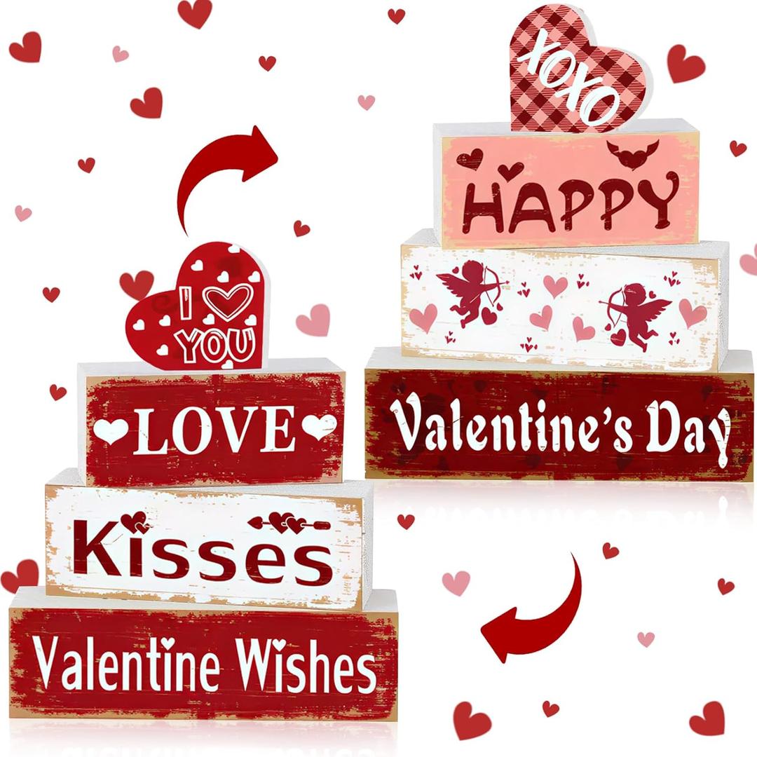 4Pcs Valentine's Day Wooden Table Decorations Rustic Distressed Valentines Centerpieces Blocks Farmhouse Tiered Tray Shelf Office Carnival Decor Home Party Supplies Decor