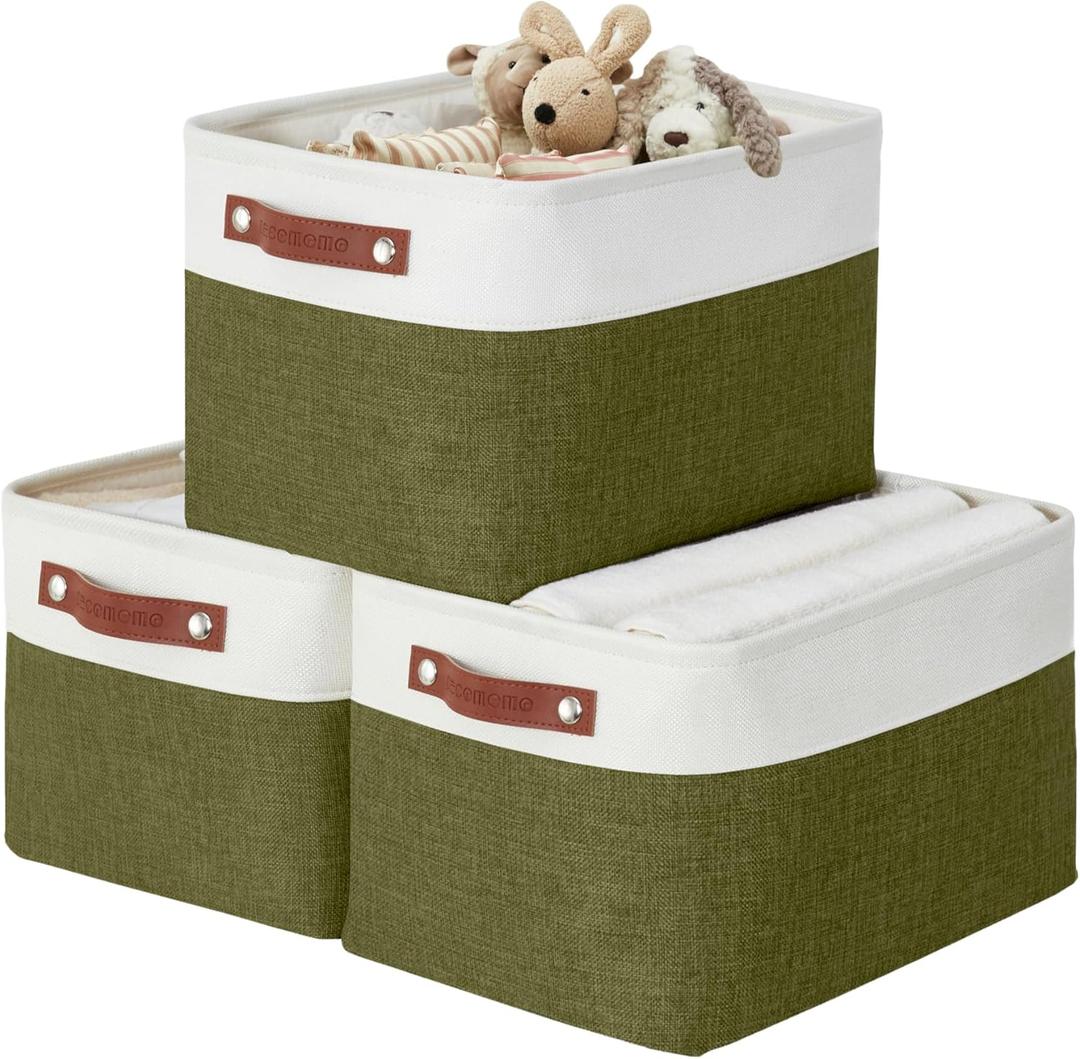 DECOMOMO Storage Bins Fabric Storage Baskets for Shelves, Linen Closet Organization Toys Nursery (Olive Green and White, Large - 3 Pack) (Large/3P - 15"x11"x9.5")