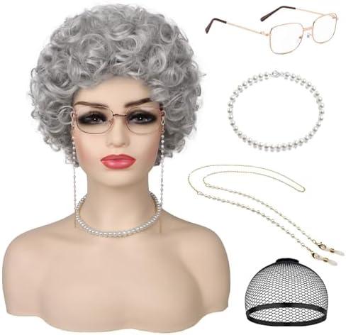 Guree Hair Granny Wig for Old Lady Costume Short Grey Grandma Wigs for Women 100 Days of School Cosplay Party Halloween Use (5pcs Set)