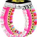 Beaded Bracelets Band Compatible with Apple Watch 38mm 40mm 41mm 42mm (S10/11) Women Kids Cute Fancy Preppy Handmade Elastic Stretch Strap for iWatch Series 11/10/9/8/7/6/5/4/3/2/1/SE (XS) (A Hot Pink & Smile Flower)