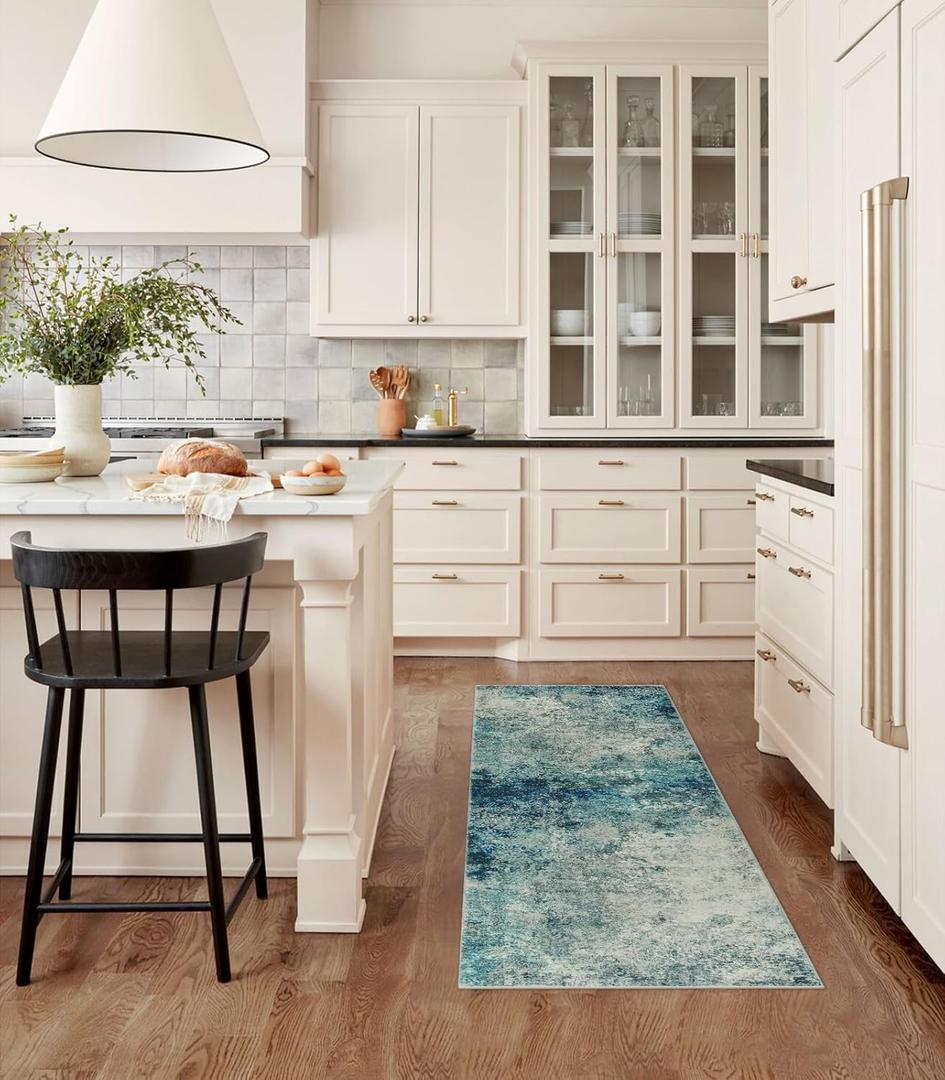 Lahome Modern Abstract Runner Rug with Rubber Backing - 2x6 Washable Rug Runners for Hallways Non Slip, 6 Ft Long Accent Carpet for Bathroom Kitchen Bedroom Entryway,Blue/Grey