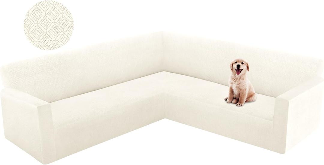 HDCAXKJ Corner Sectional Couch Cover Stretch L Shape Sofa Cover Thick Jacquard Sofa Slipcover Non Slip U Shaped Couch Cover for Sectional Sofa Pets Living Room Furniture Protector (Ivory, Large)