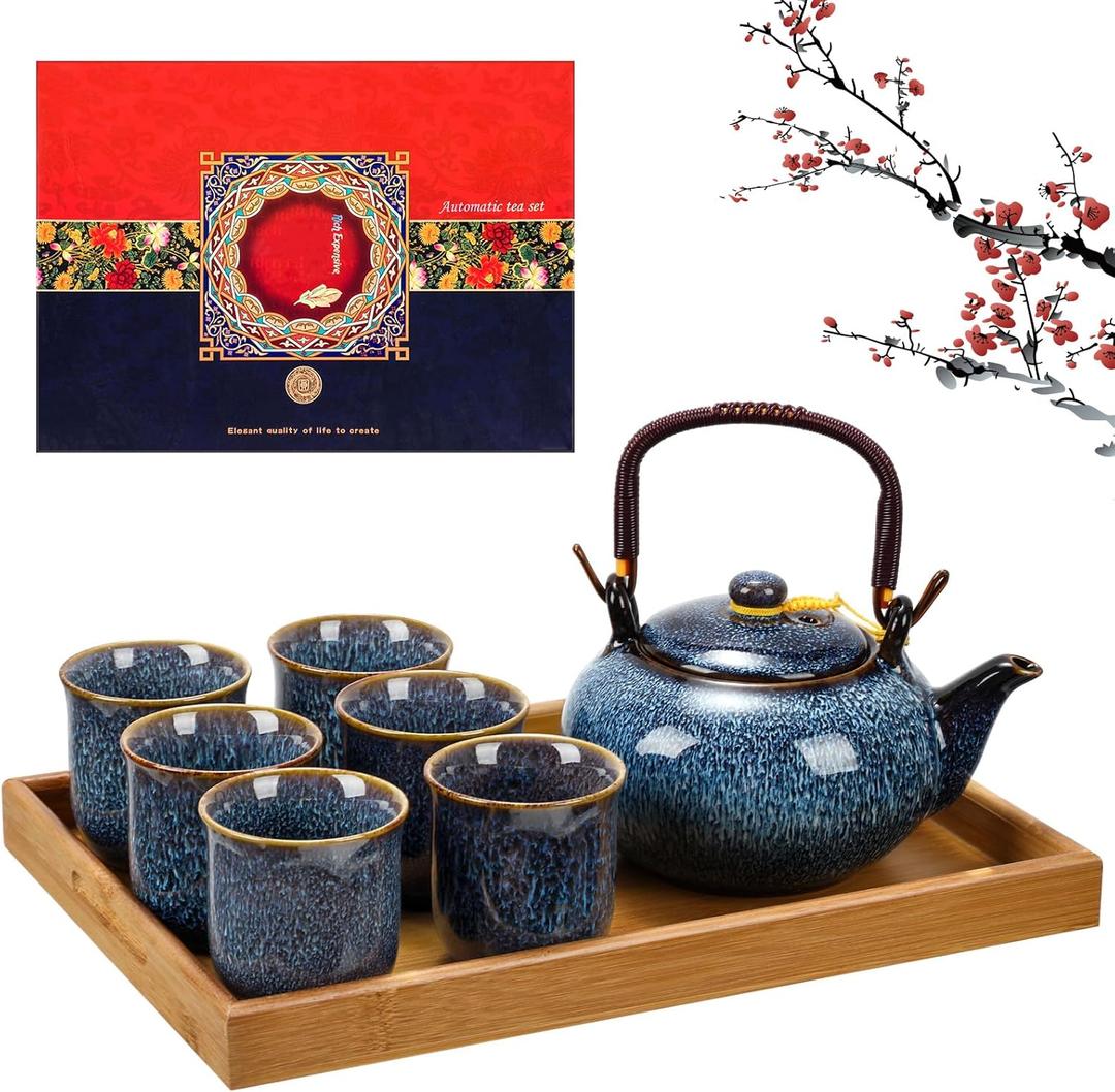 Layhit Japanese Asian Tea Set for Adults with 1 Teapot 6 Cups 1 Tray Traditional Portable Japanese Kiln Altered Glaze Porcelain Tea Set for Women Mother's Day Gifts(Blue)