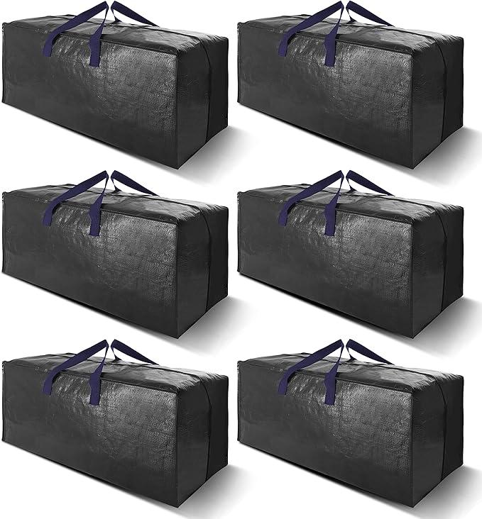 Heavy Duty Extra Large Moving Bags W/Backpack Straps - Strong Handles & Zippers, Storage Totes For Space Saving, Fold Flat, Alternative to Box and Bin (Set of 6, Black)