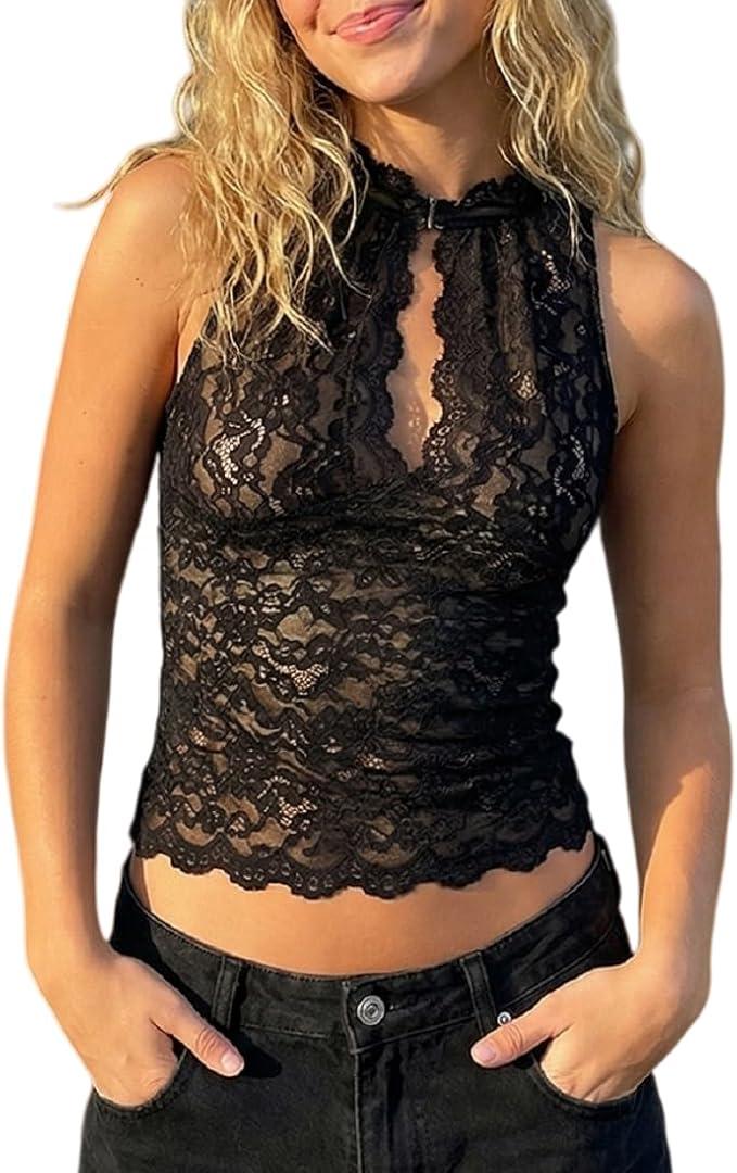 Women Sheer Lace Tops Sleeveless Crew Neck Cut Out Tank Tops Y2K See Through Mesh Going Out Shirt Top, Size: S