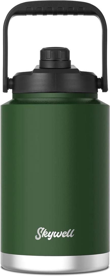 SkyWell 1 Gallon Insulated Water Bottle with Handle and Wide Mouth Water Flask Sweat-Proof and Leak-Proof 128 Oz Stainless Steel Water Jug for Outdoors, Green