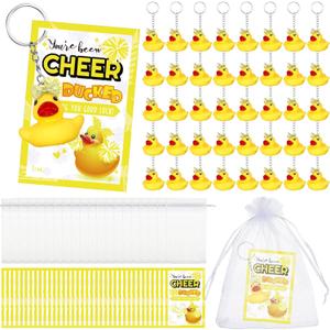 Cheer Gifts Bulk Duck Keychain You've Been Cheer Ducked Tags Bow Organza Bags for Valentines Cheerleader Team Gift(Yellow,20 Set)