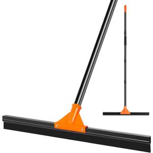 Heavy Duty Floor Squeegee with Long Handle, 18" Rubber Wiper Broom for Concrete Tile Cleaning Commercial Scrubber Mop for Garage Deck Bathroom Kitchen Pool (Orange)