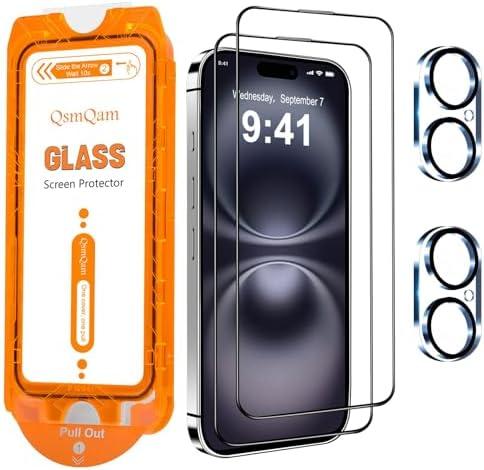 Pack of 2 QQsmQam for iPhone 16 Screen Protector + Camera Lens Protector, [Military Grade Shatterproof], Ultra Top 9H+ Tempered Glass, Full Coverage Screen, with Automatic Dust Removal [2+2 Pack]