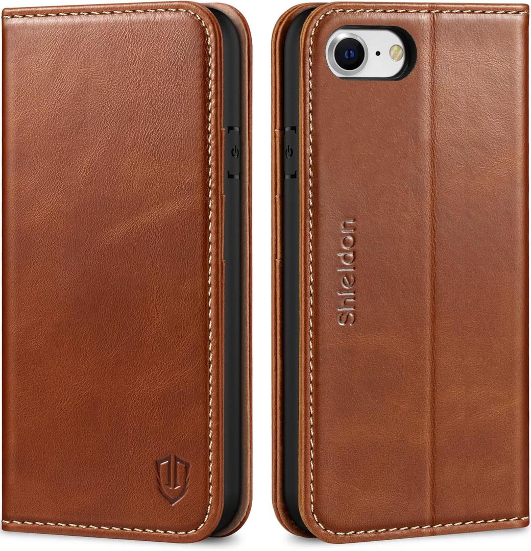SHIELDON Wallet Case for iPhone SE 2022/2020, Genuine Leather Folio Magnetic Shock Absorbing Case Credit Card Holder Kickstand Compatible with iPhone 8/7 4.7" - Retro Brown